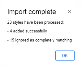 A confirmation message summarising processed, added and ignored styles.