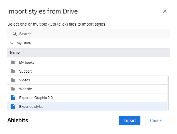 The Import styles from Drive window showing a folder tree.