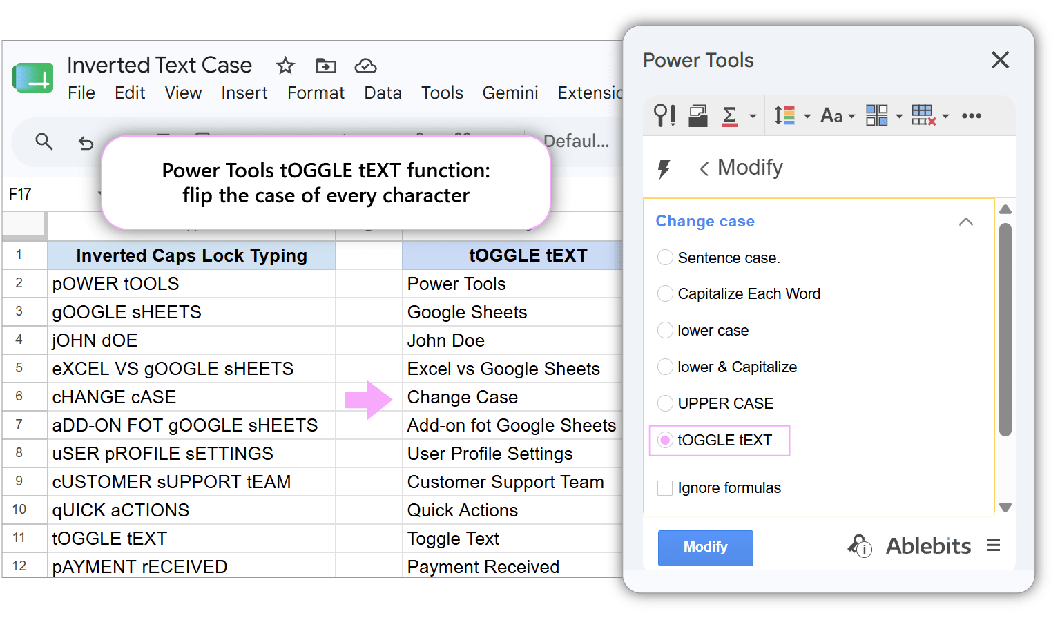 Power Tools interface showing tOGGLE tEXT option selected to invert character capitalization.