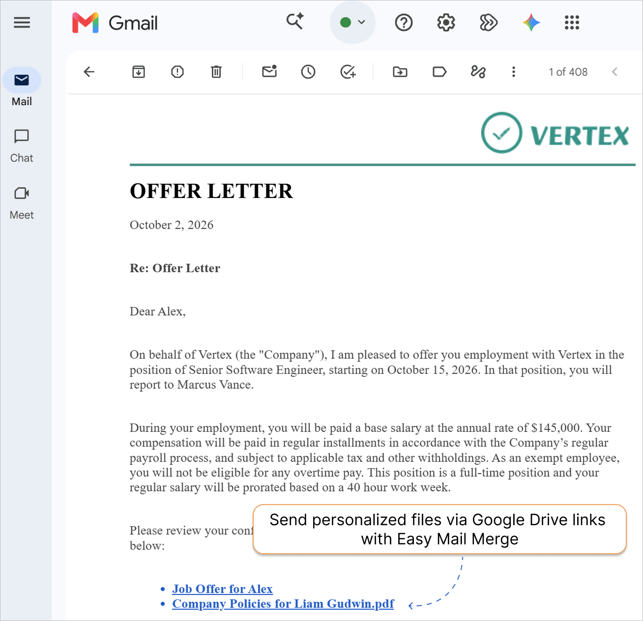 The final email with a secure, personalized document link. Received job offer email