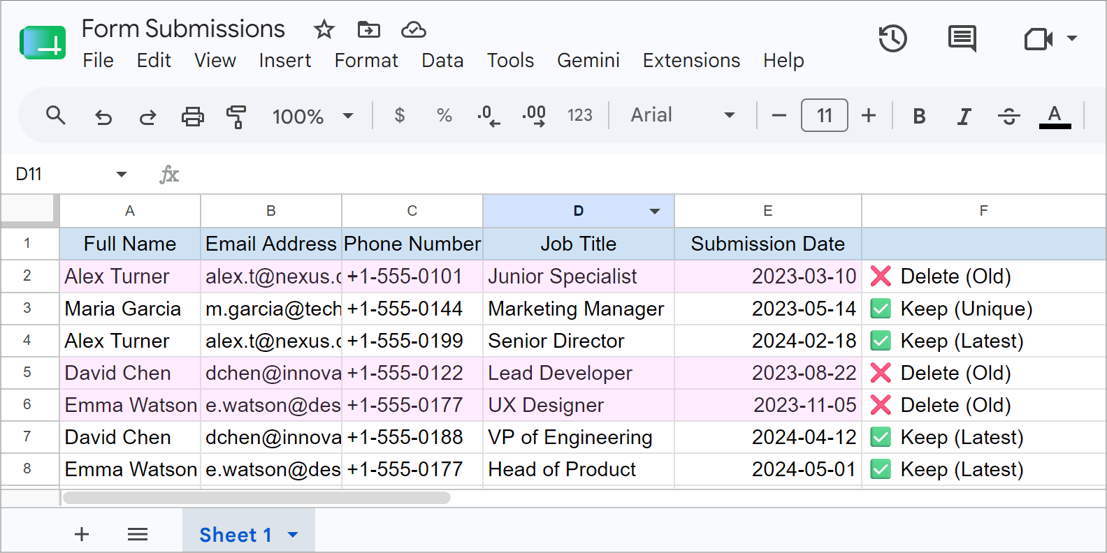 Google Sheets table with duplicate leads showing different form submission dates and updated details.