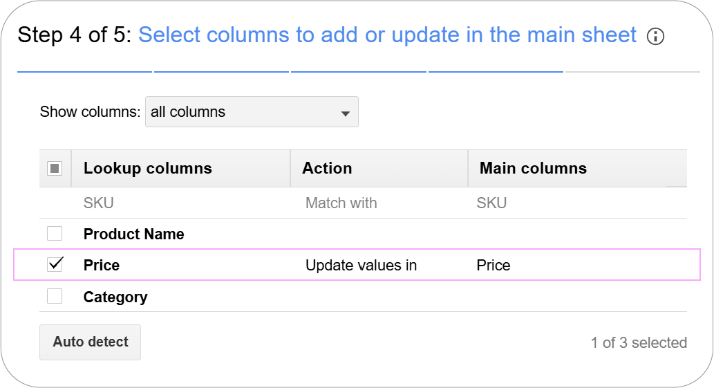 Selecting Price column to update in Ablebits Merge Sheets add-on.