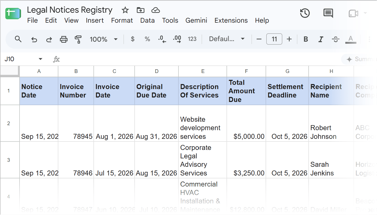Google Sheets dataset with legal claim reference numbers, debtor names, and claim amounts.