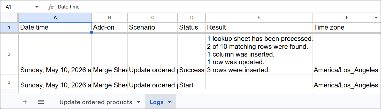 Automated run logs in Merge Sheets showing execution history. Logs sheet with timestamp, status, and result columns for each scheduled scenario run.