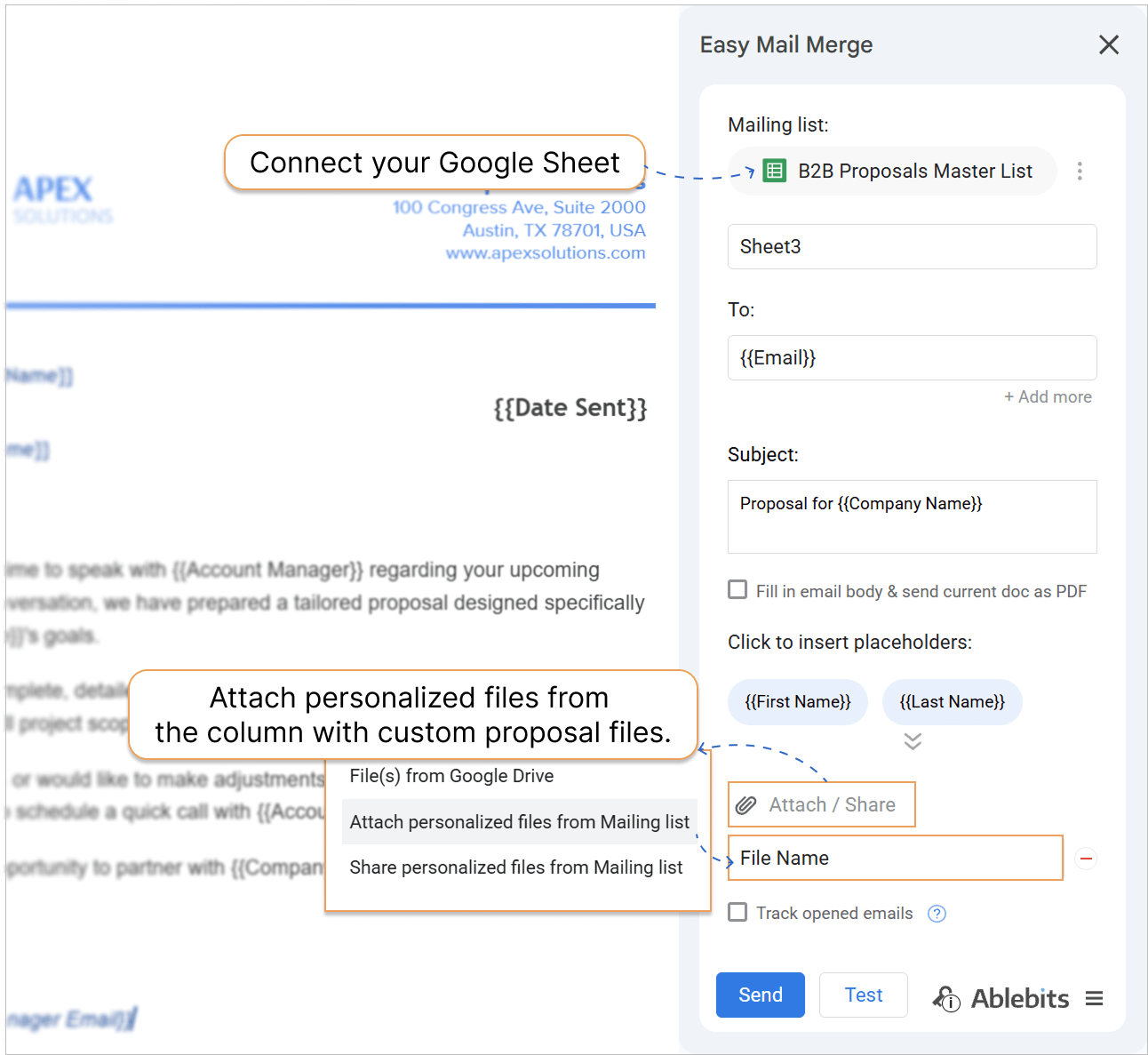 Configuring custom attachments from the mailing list. Attaching personalized files