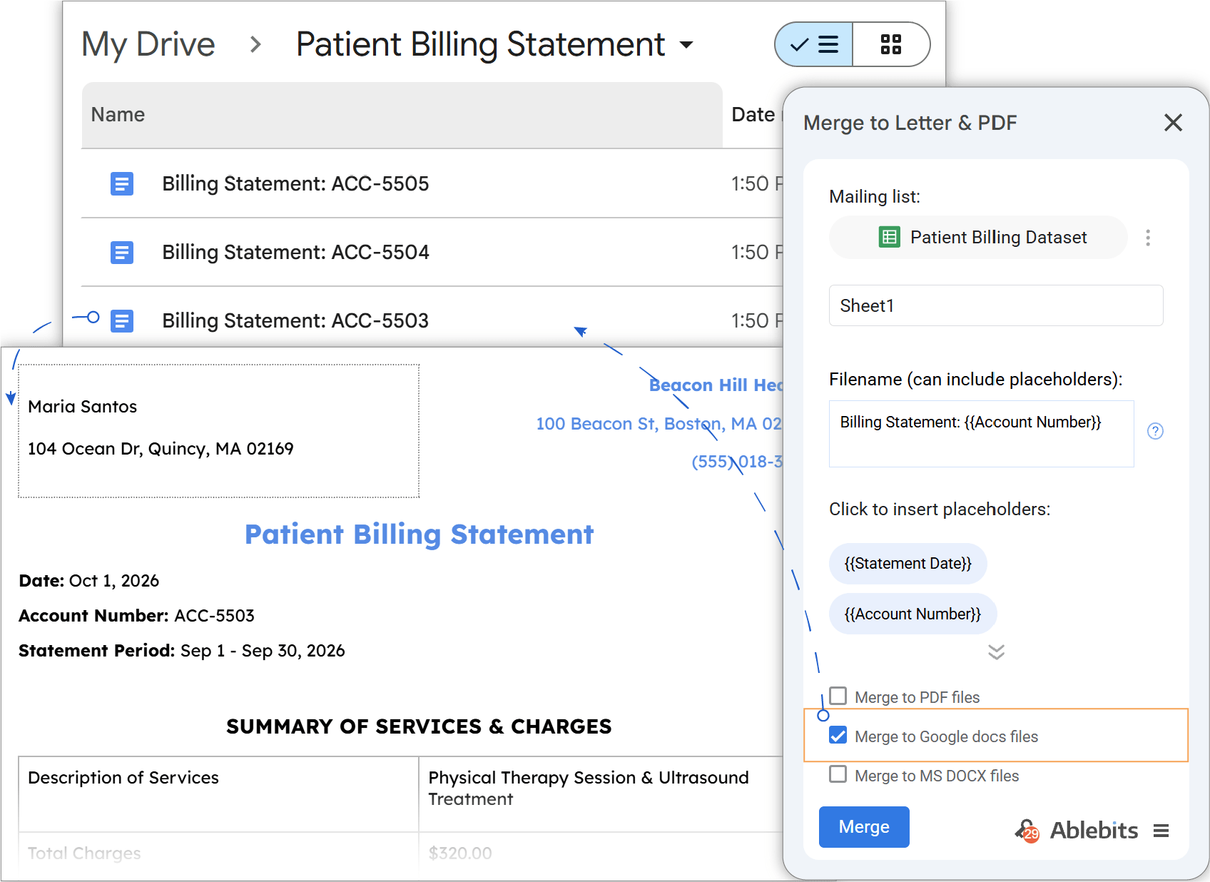 Bulk populating patient statement documents from Google Sheets data.