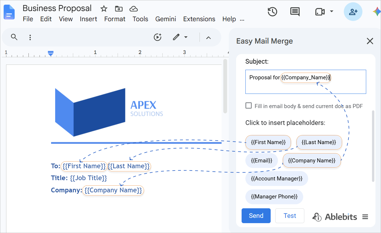 Adding dynamic tags from the sidebar. Inserting mail merge tags