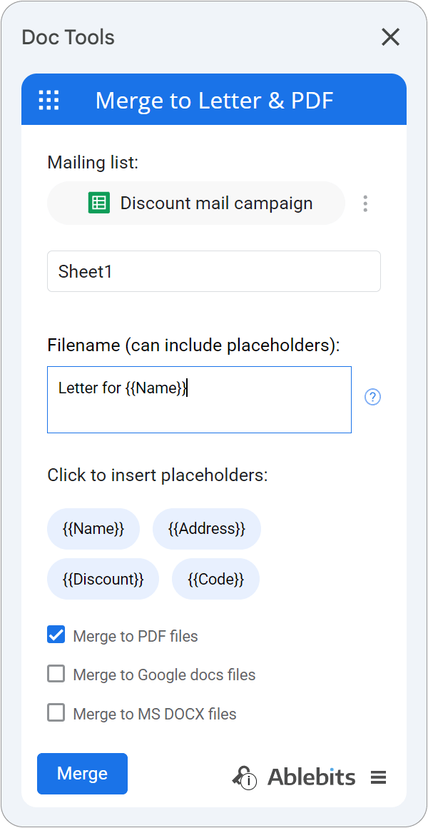 The Merge to Letter and PDF sidebar inside the Doc Tools collection.