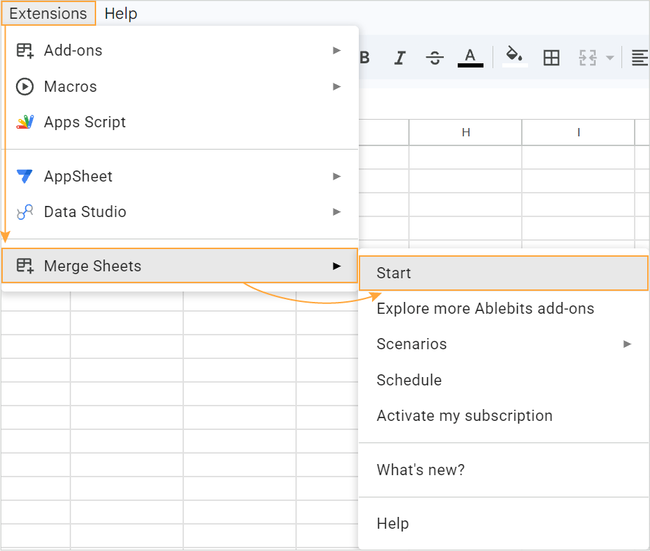 Opening Merge Sheets add-on in Google Sheets. Extensions menu in Google Sheets with Merge Sheets > Start highlighted.
