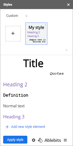 A custom style set containing extra elements for quotes and definitions.