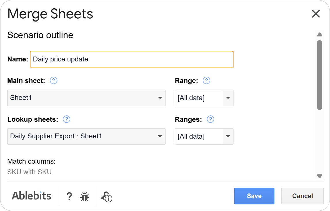 Entering a scenario name in Merge Sheets. Merge Sheets save scenario window with 'Daily price update' entered as the scenario name.