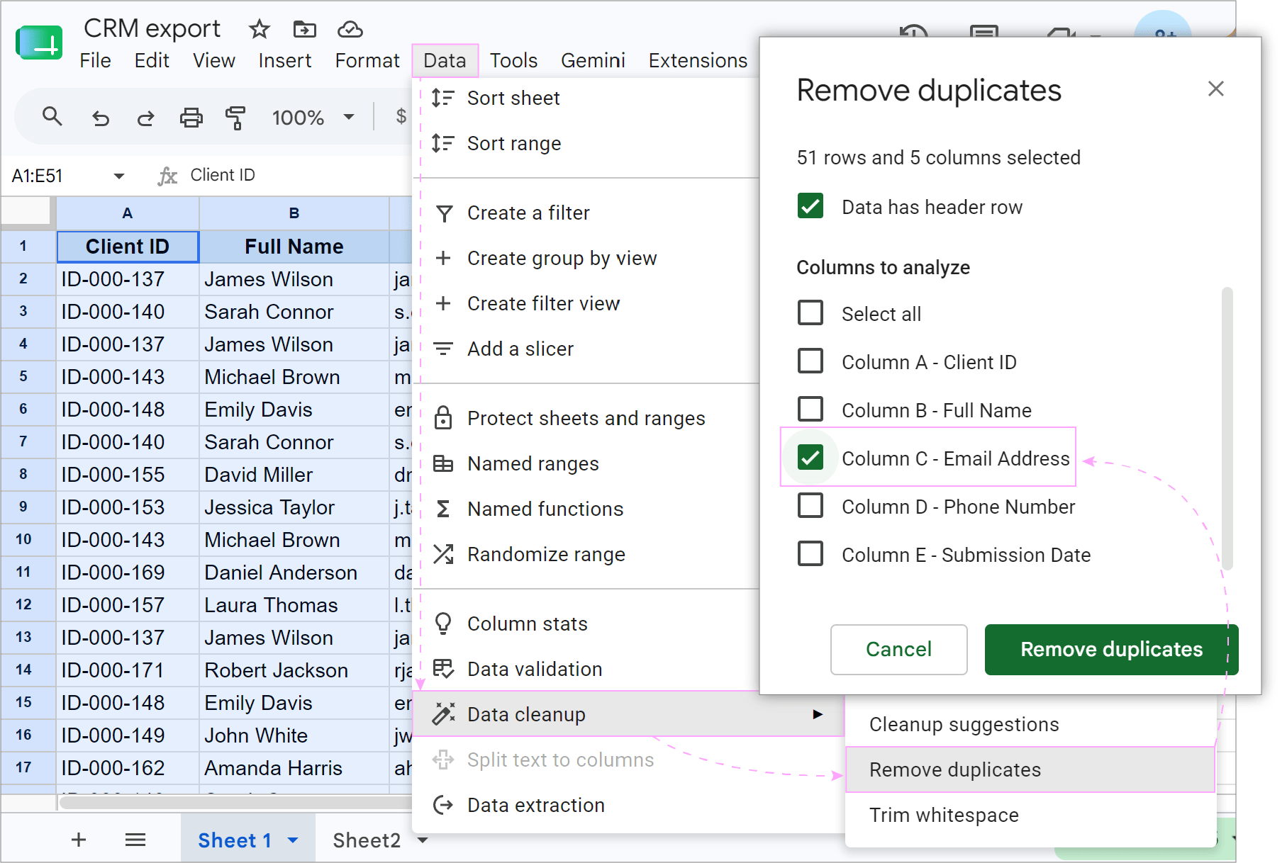 Google Sheets native Data Cleanup menu with Remove Duplicates tool.