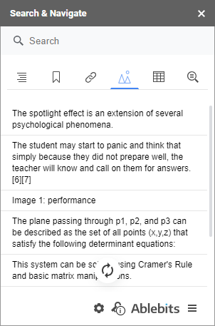 The images tab listing every picture in the document by its caption.