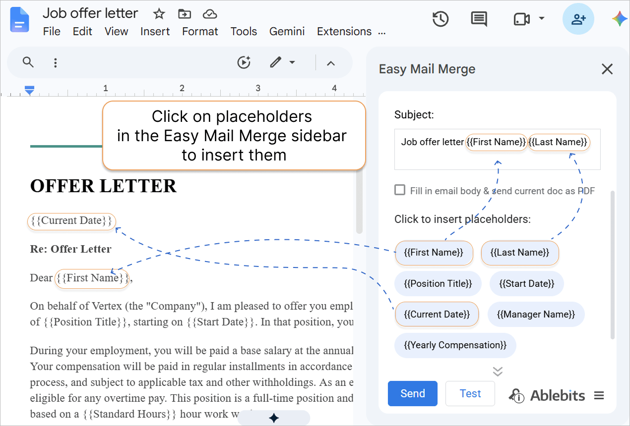 Drafting a job offer email template in Google Docs. HR offer letter template