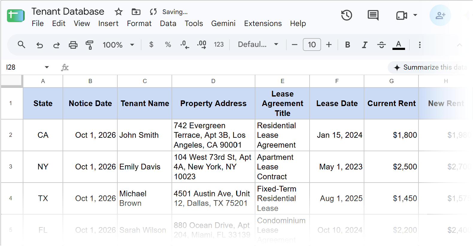 Google Sheets dataset containing tenant names, property addresses, and new rental rates.