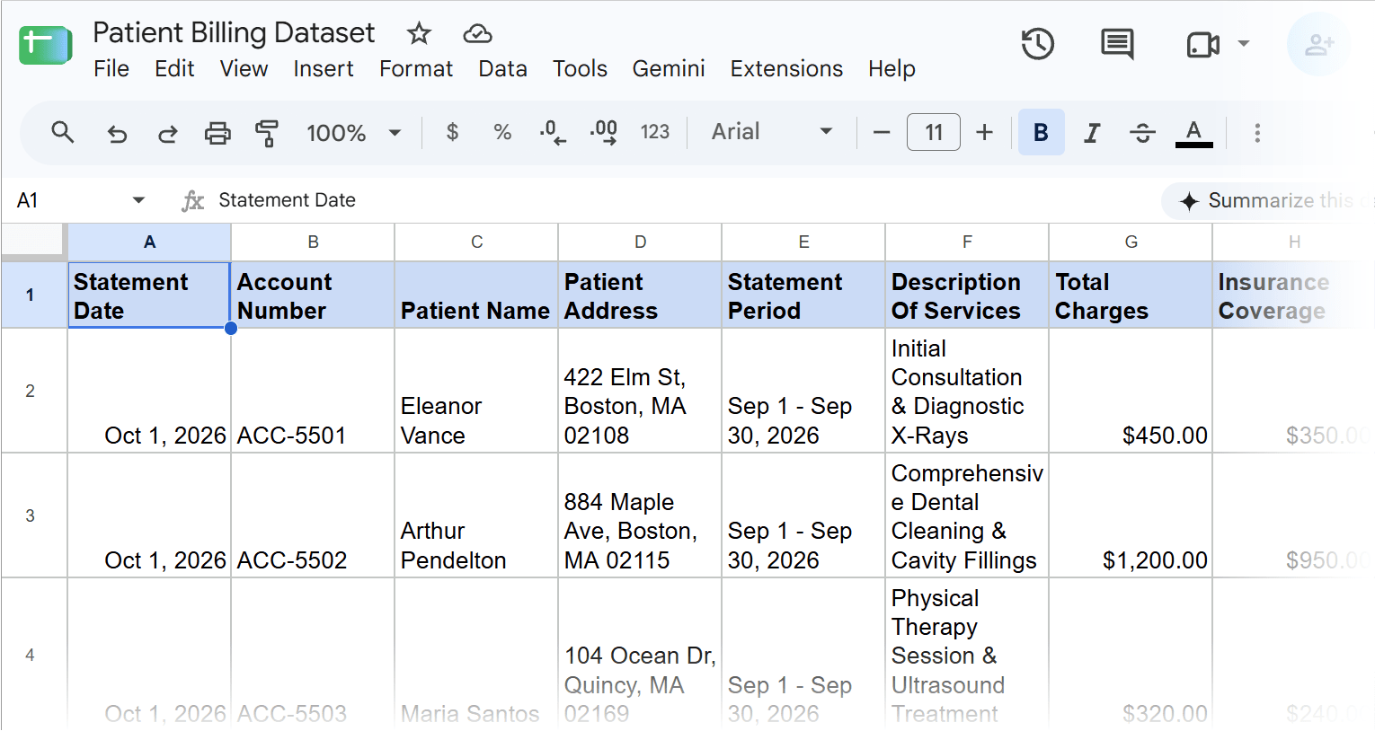 Google Sheets patient billing summary dataset with balance and account details.
