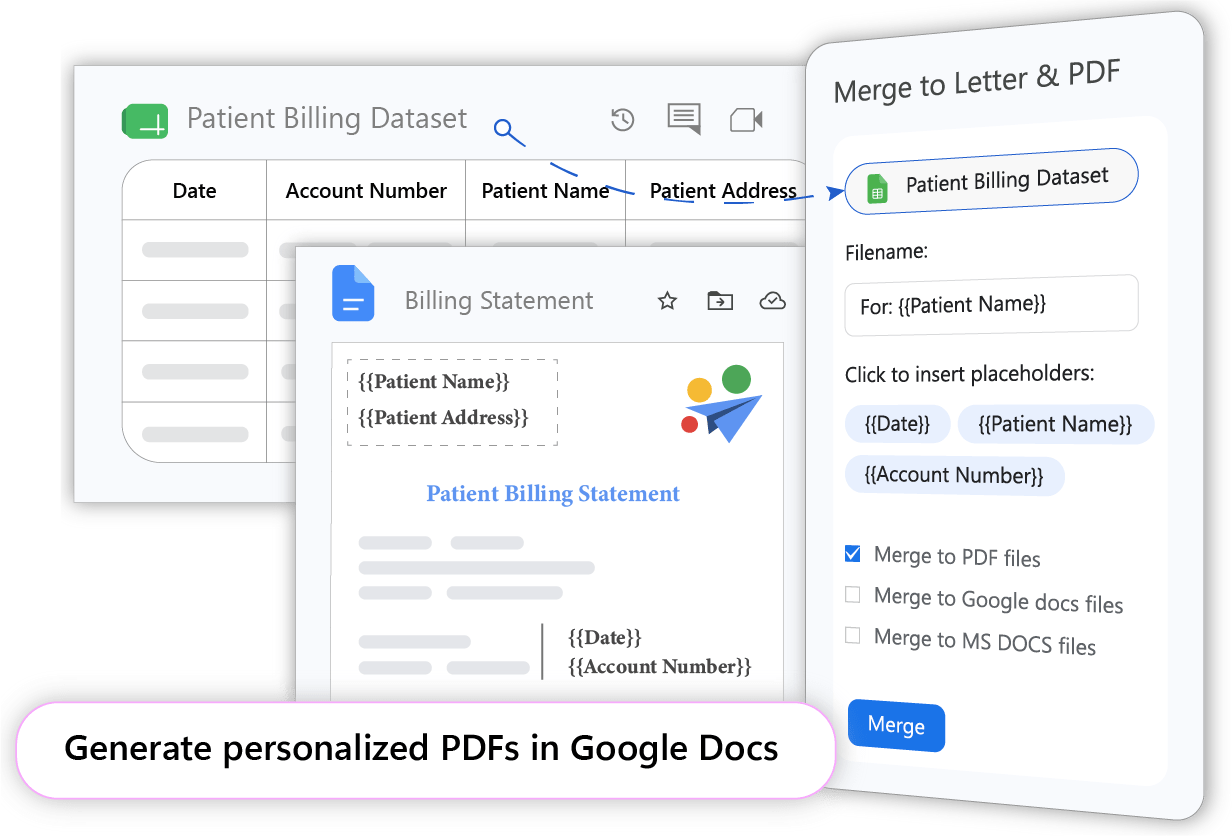 Bulk generating printable PDF letters and statements in Google Docs using Easy Mail Merge.