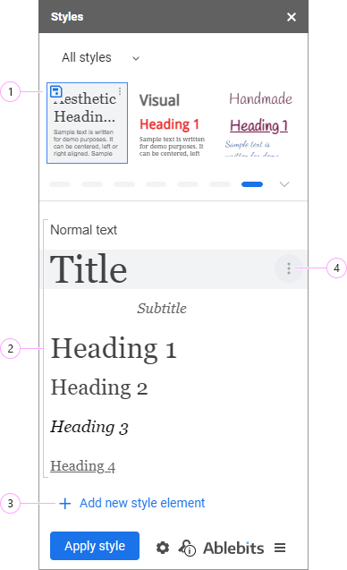 The preview area showing every heading, title and normal text of the selected style.