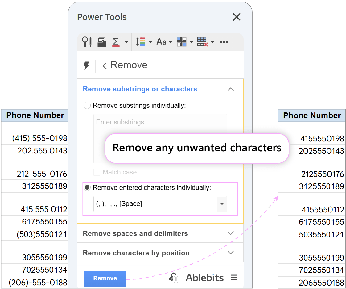 Removing hyphens, brackets, and spaces from phone numbers. Remove tool panel with punctuation marks and spaces specified for removal.