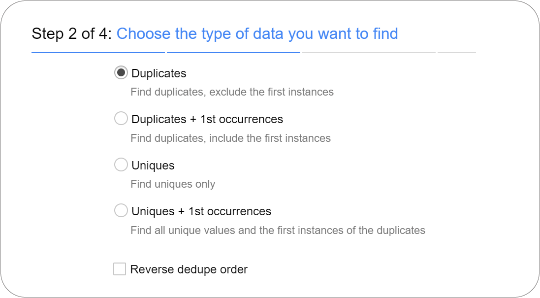 Selecting search mode step in Ablebits Remove Duplicates add-on in Google Sheets to target 2nd and subsequent copies while keeping first entries intact.