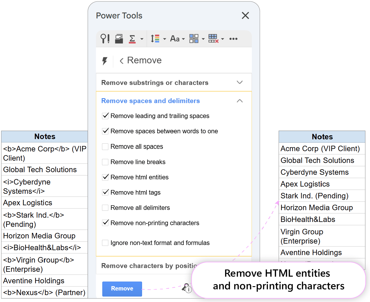 Removing HTML entities and invisible space characters. Remove tool configured to clear HTML tags, entities, and extra spaces.