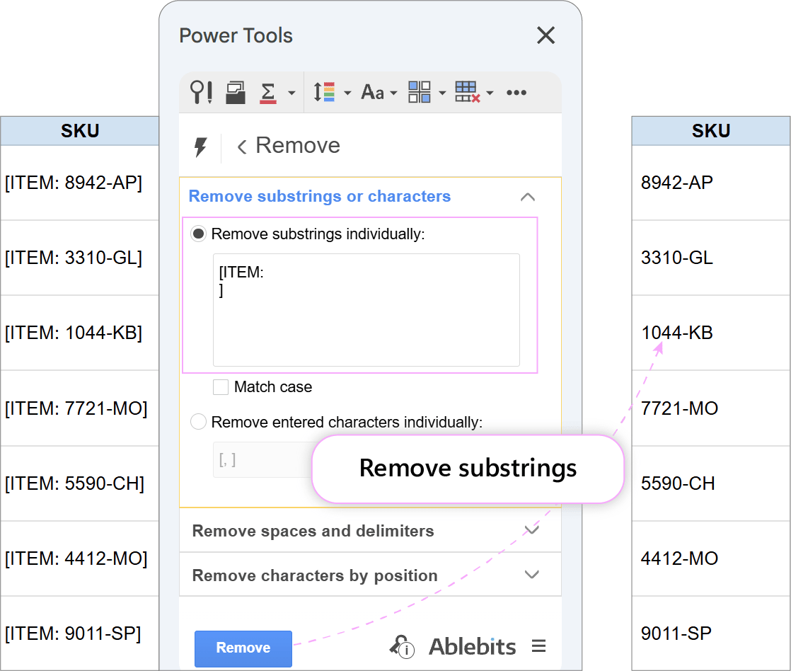 Removing bracket labels from extracted product codes. Remove tool panel with bracket strings specified for deletion.