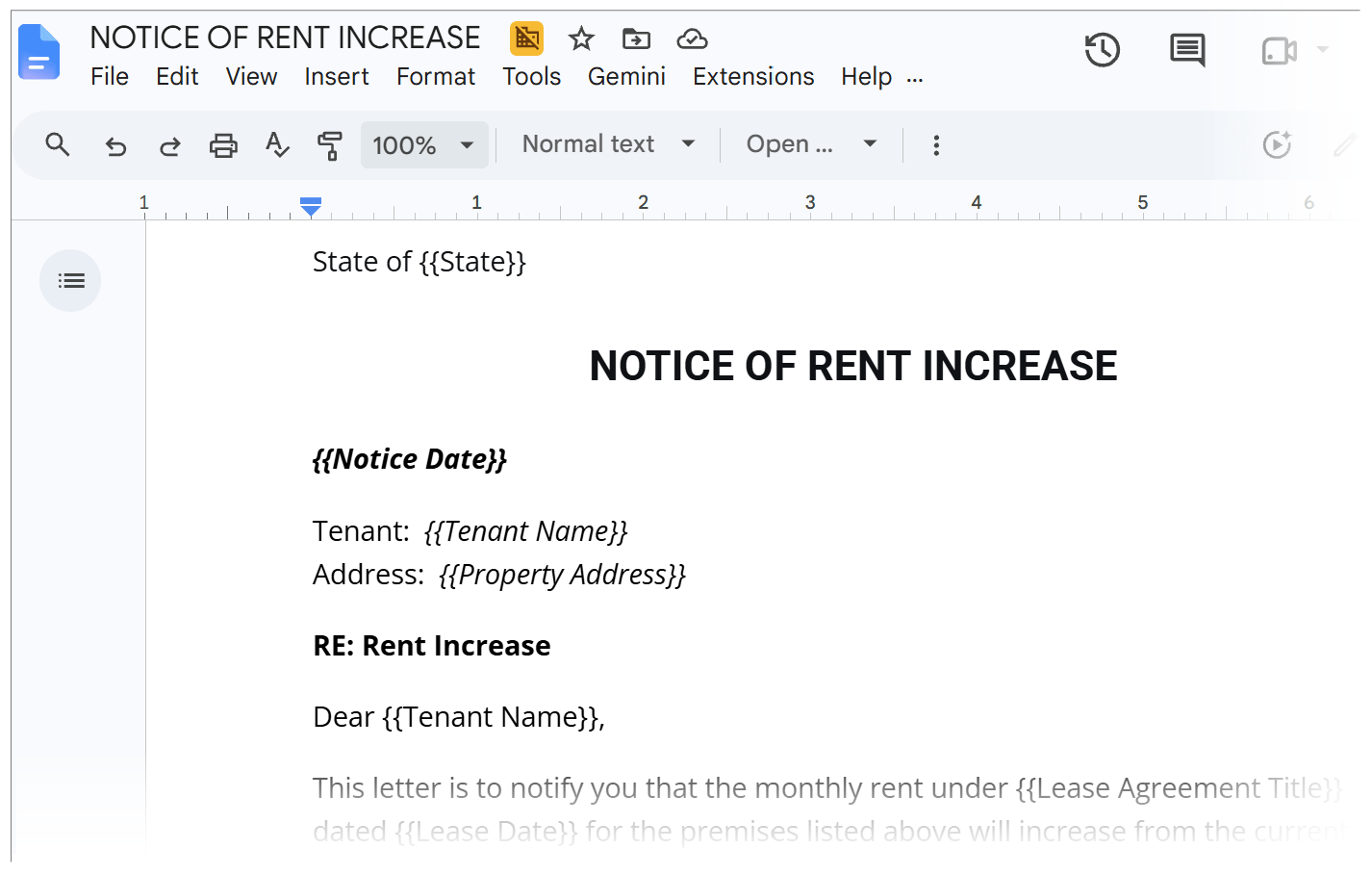 Google Docs rent increase notice template with dynamic field tags.