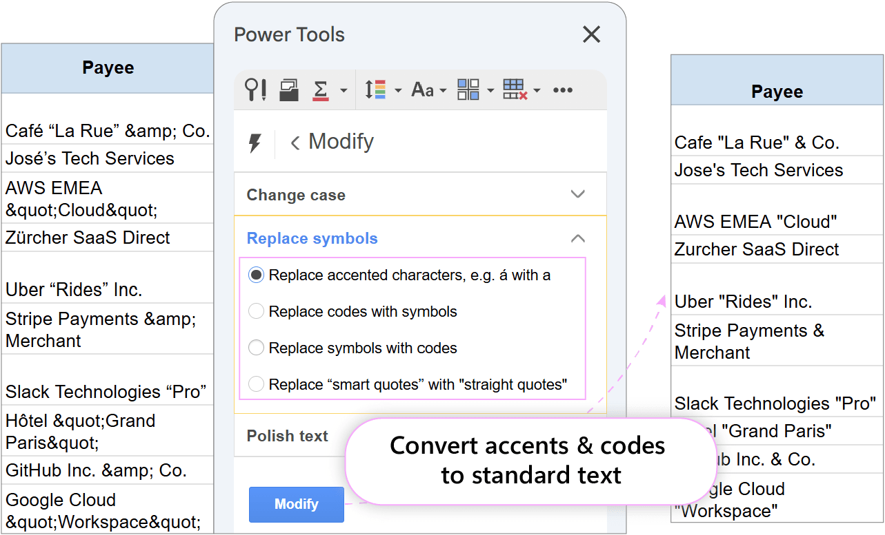 Replacing accented characters with standard letters. Modify tool interface with Replace accented characters option selected.