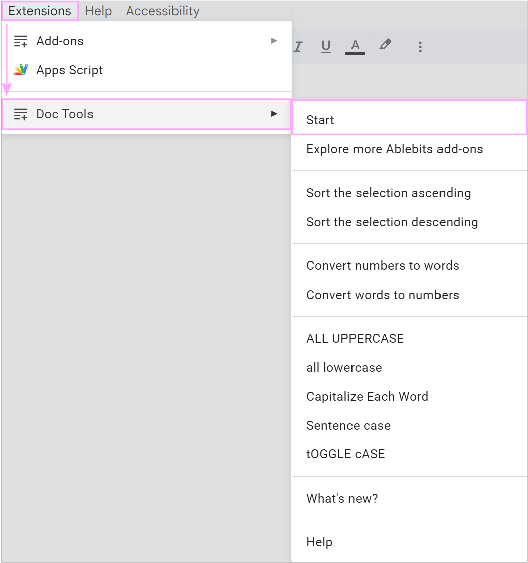 The Google Docs Extensions menu with Doc Tools and the Start command.