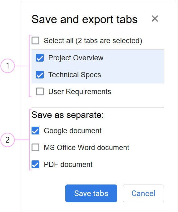 Save and export tabs options including tab selection and file format checkboxes.