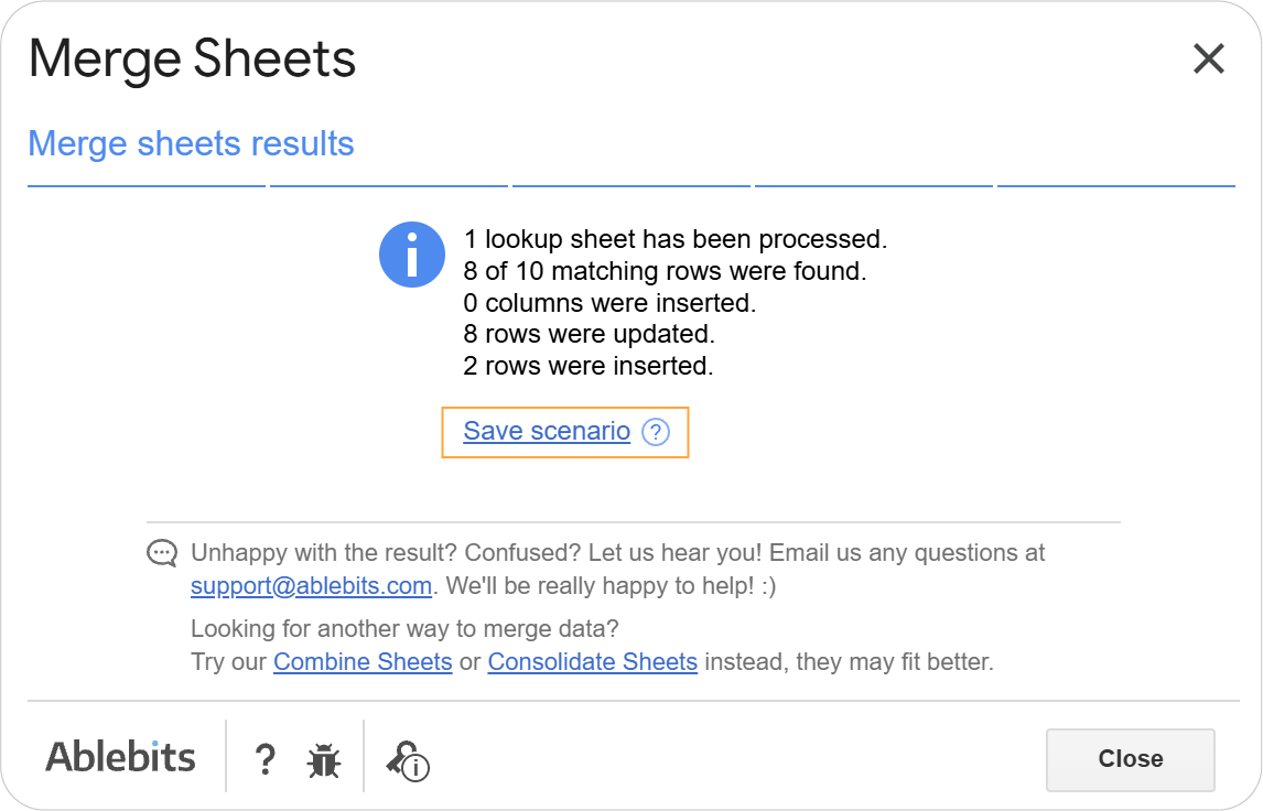 Saving your merge settings as a reusable scenario in Merge Sheets. Merge Sheets success message window with Save scenario button highlighted after a successful merge operation.