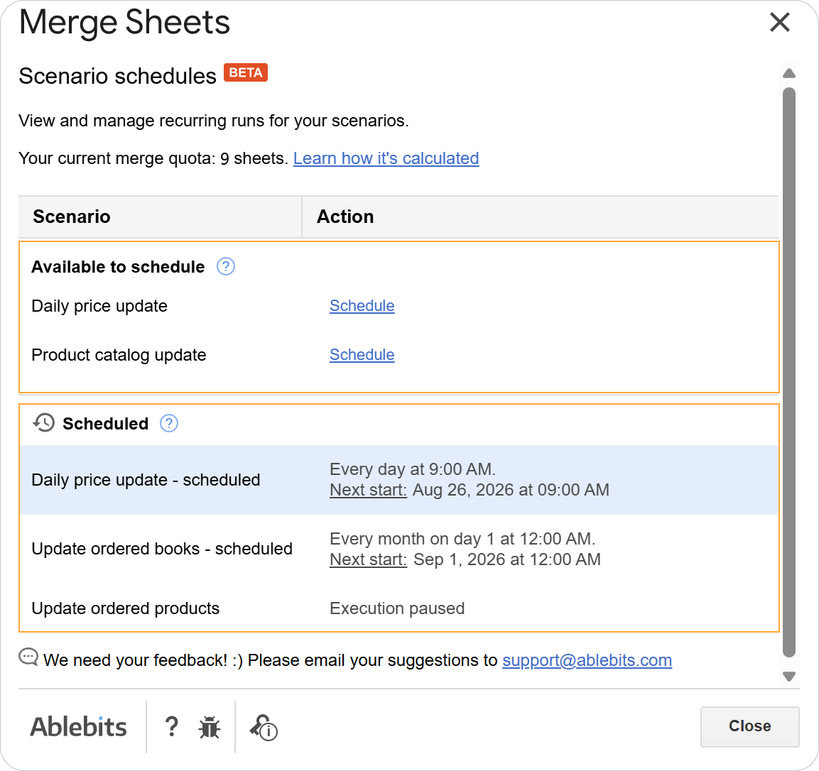 Merge Sheets schedule overview with available and active scenarios. Scenario timetable showing available scenarios at the top and active scheduled scenarios below.