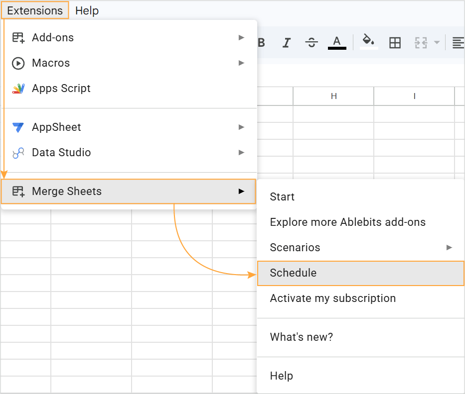 Accessing the Schedule menu in Merge Sheets. Google Sheets Extensions menu with Merge Sheets expanded and Schedule option highlighted.