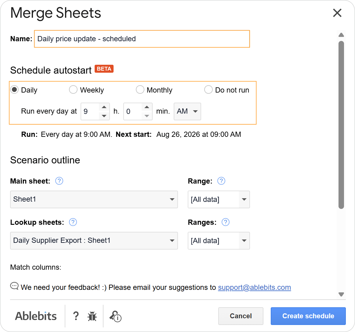 Configuring schedule frequency and start time for your scenario. Merge Sheets scheduling dialog with Daily frequency selected, time set to 09:00 AM, and the scenario name field filled in.