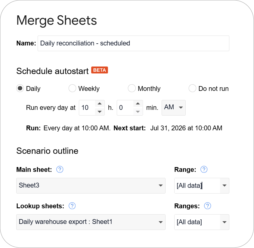Setting autostart daily schedule at 10:00 AM in Ablebits Merge Sheets.