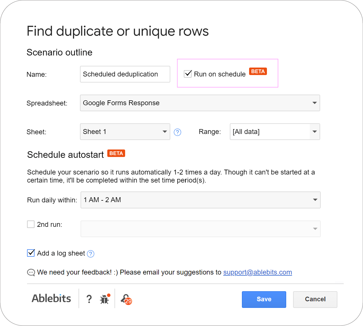 Setting up scheduled automatic deduplication in the Ablebits Remove Duplicates add-on.
