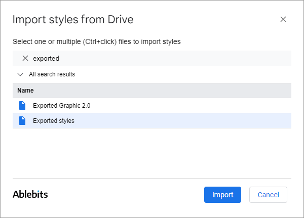 The search field of the import window listing matching files in a tree view.