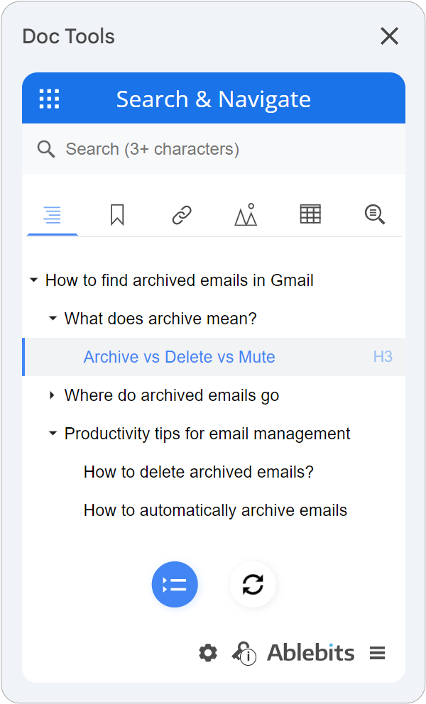 The Search and Navigate sidebar inside the Doc Tools collection.