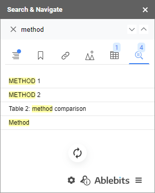 The search field with match counts shown under each tab icon.