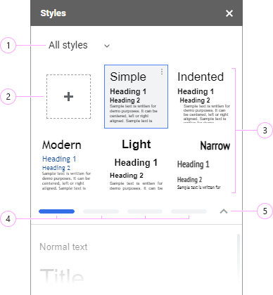 The style tiles area of the add-on with page indicators and the expand arrow.