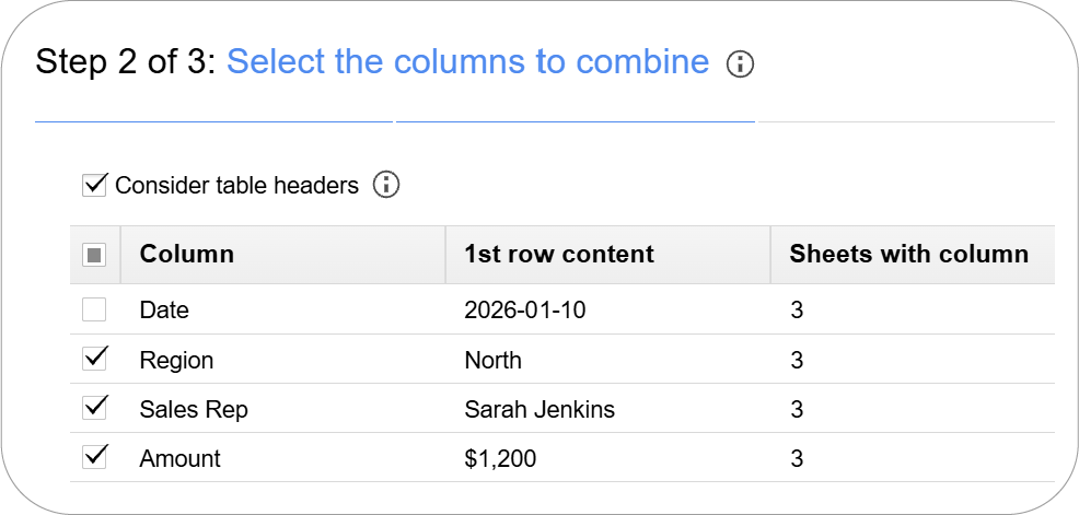 Choosing columns to include in the combined master Google Sheet.