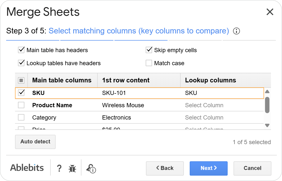 Selecting a unique key column to match records across tables in Merge Sheets. Merge Sheets add-on interface showing SKU column chosen as the matching key between main and lookup tables.