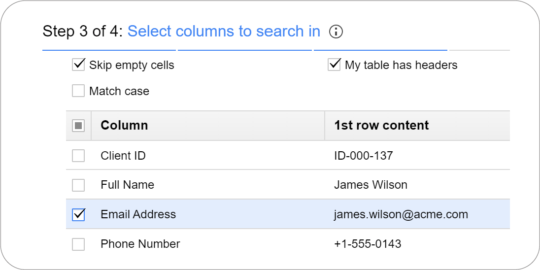 Selecting Email Address as key comparison column in Ablebits Remove Duplicates add-on.
