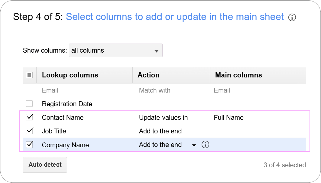Selecting Job Title and Company Name columns to add to master CRM sheet.