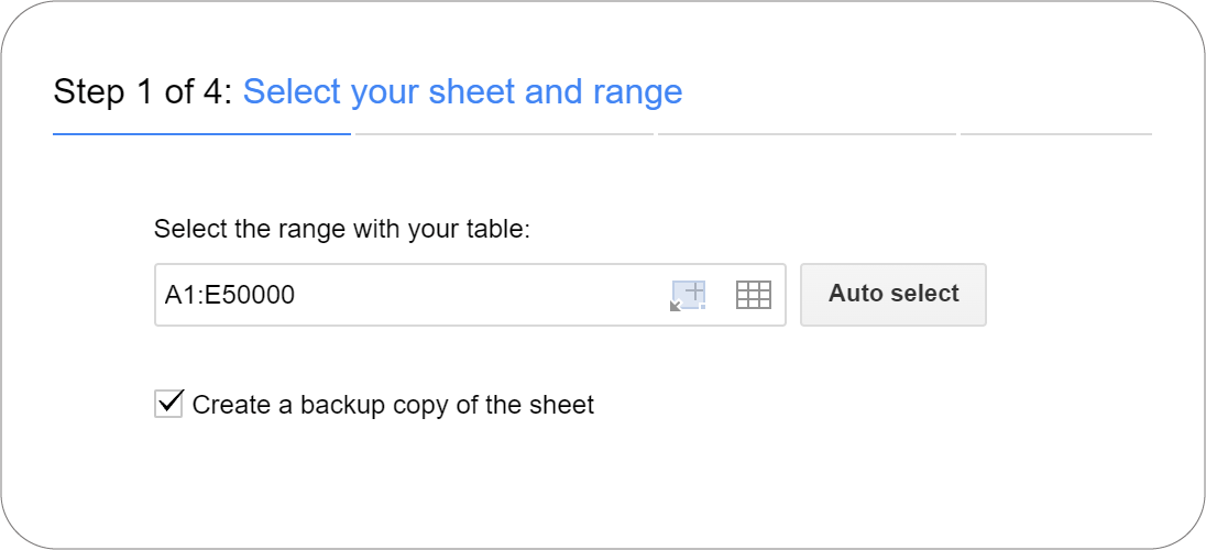 Selecting data range in Ablebits Remove Duplicates add-on in Google Sheets.