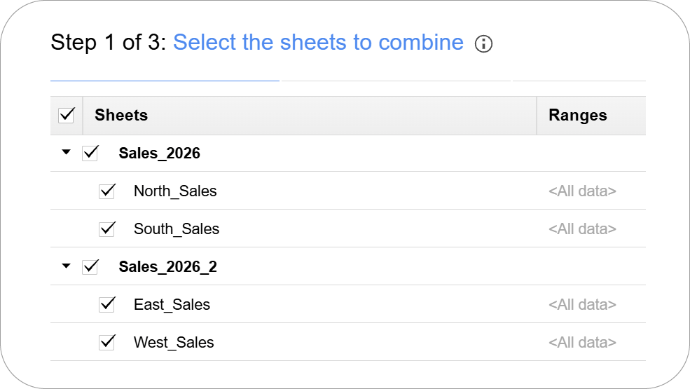Selecting multiple Google Sheets tabs to combine into one master file.