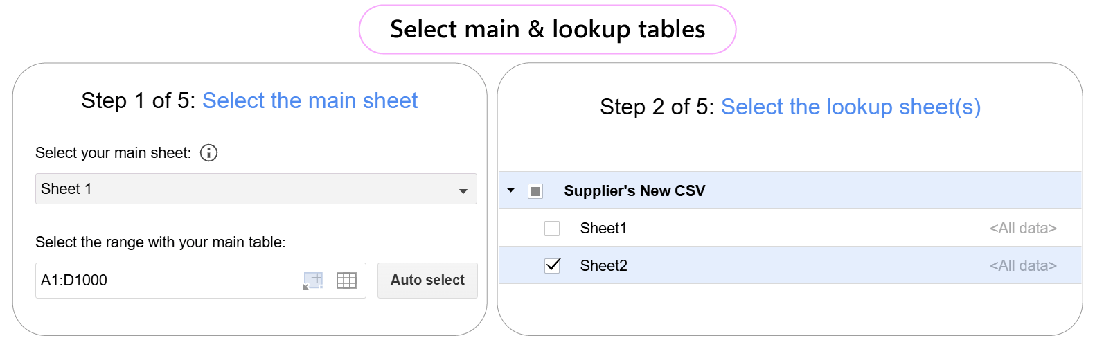 Selecting main table and lookup table in Ablebits Merge Sheets add-on.