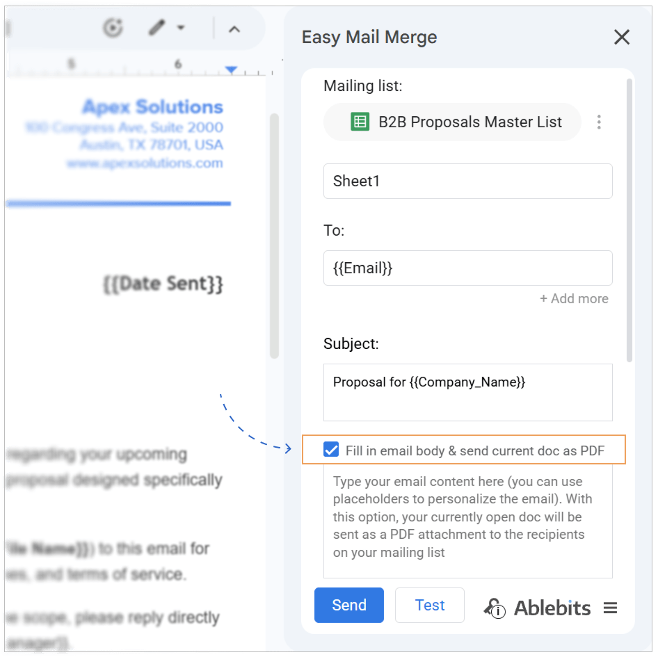 Sending the current document as a direct PDF attachment. Send document as PDF feature