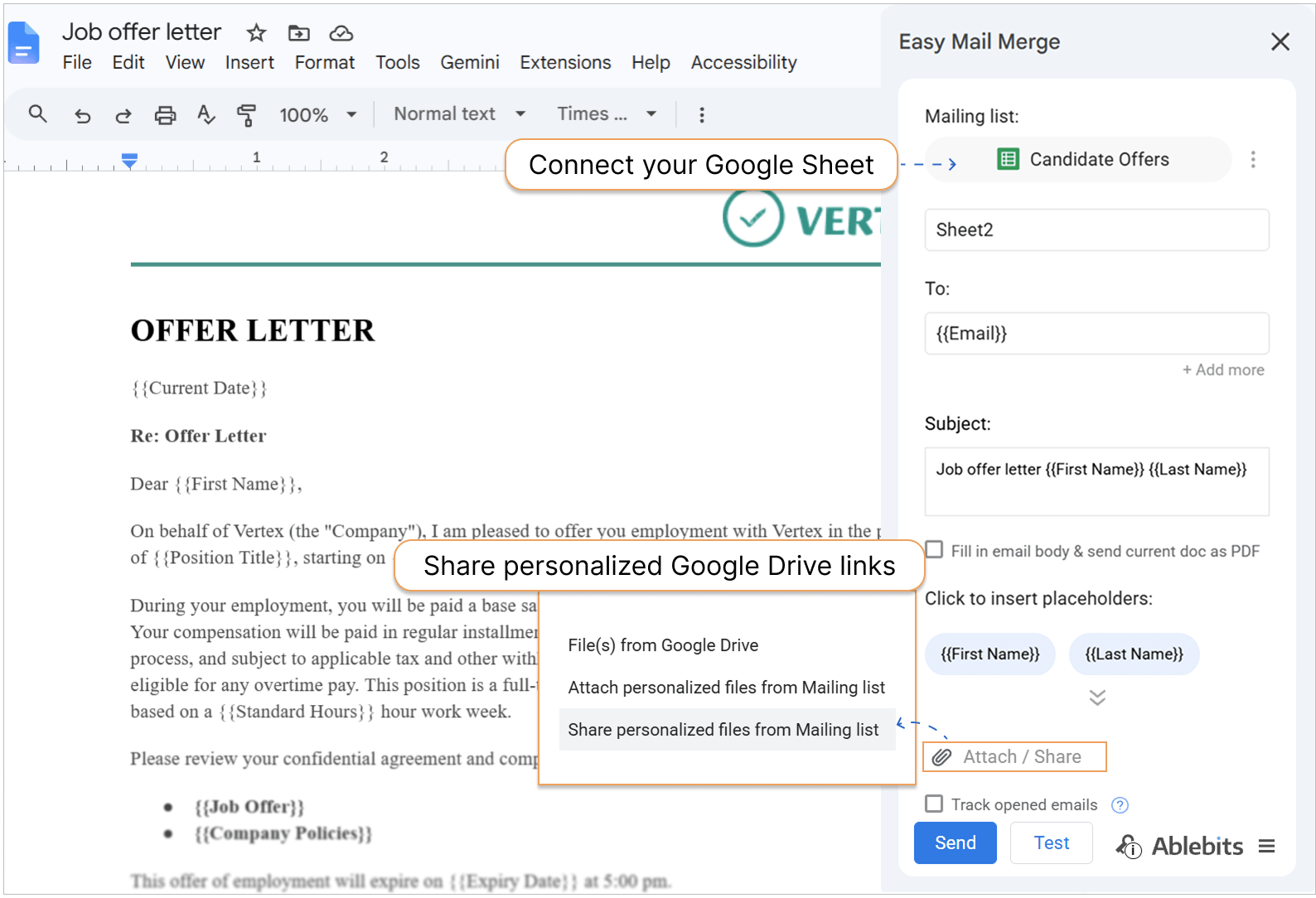 Choosing to share files as secure Drive links. Sharing personalized files