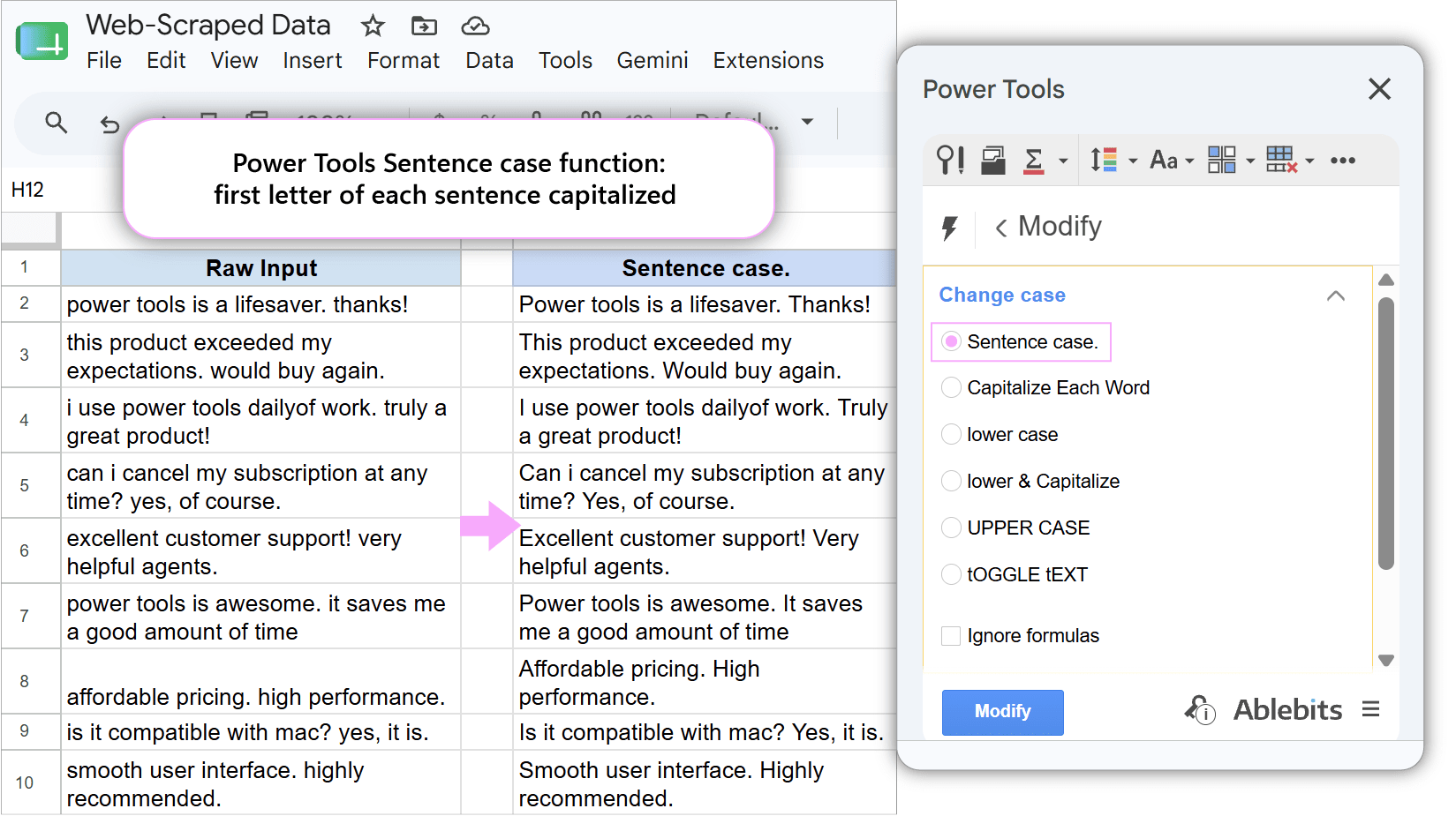 Power Tools Change Case menu with Sentence case option selected to clean up scraped text.